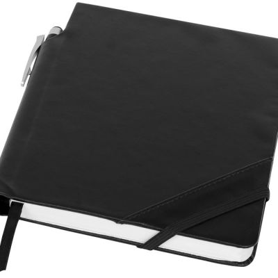 Block-notes e penna a sfera Patch-the-edge. Notebook a brossura con chiusura angolare a elastico.