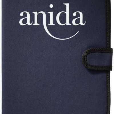 Block-notes e penna a sfera Patch-the-edge. Notebook a brossura con chiusura angolare a elastico.