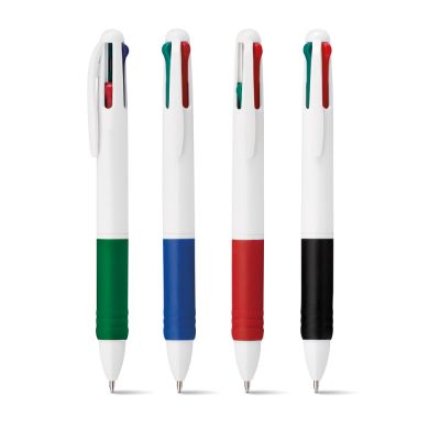 OCTUS. Penna a sfera multifunzione in plastica 4 in uno con refill blu, rosso, verde e nero e impugnatura in gomma