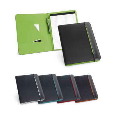 Notebook A5 con bordo colorato. Notebook A5 composto da 80 pagine color crema a righe (70 g/m²) con segnapagina e chiusura elastica