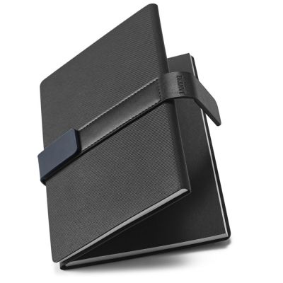 Block-notes e penna a sfera Patch-the-edge. Notebook a brossura con chiusura angolare a elastico.
