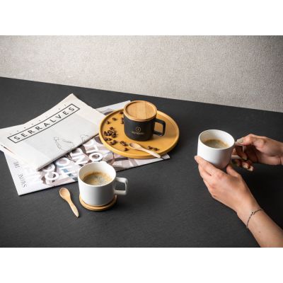 FANGIO. Tazza in ceramica da 250 ml con tappo e base in bambù